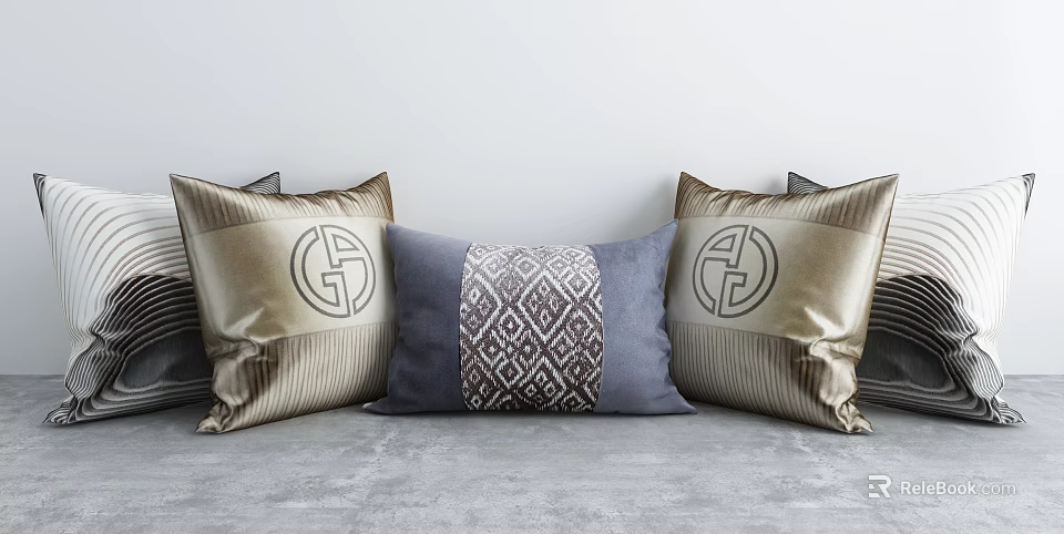 Decorative Throw Pillows with Golden Circular Logo and Blue White Geometric Pattern Design 3d model