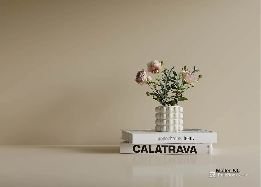 Elegant White Textured Vase With Pink Flowers On Stack Of Books Beige Background 3d model 