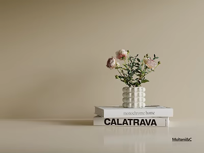 Elegant White Textured Vase With Pink Flowers On Stack Of Books Beige Background 3d model