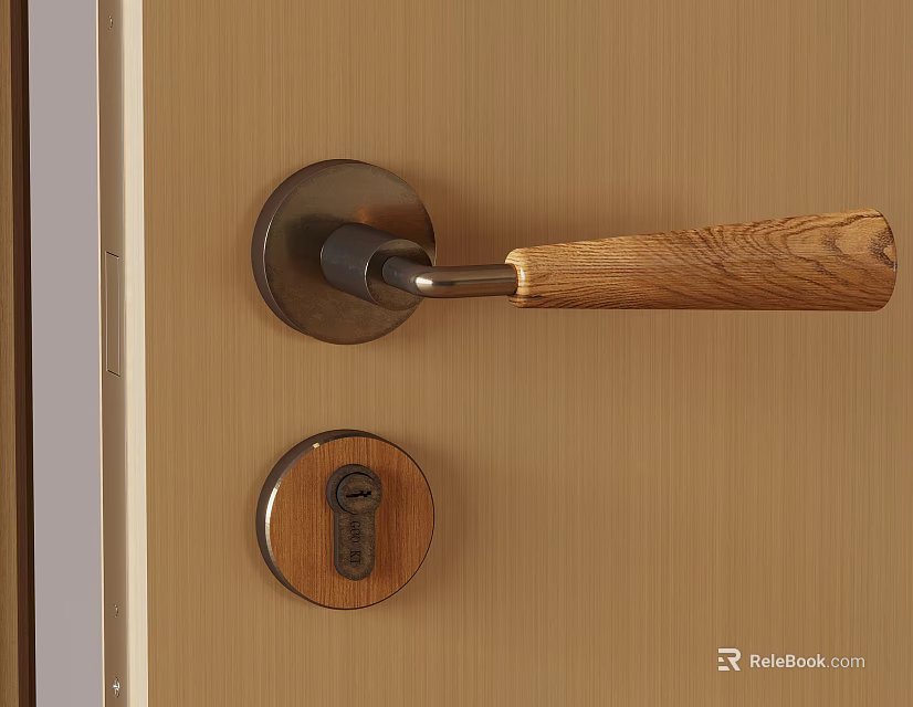 Modern Wooden Door Handle With Metal Base On Wooden Door Featuring Lock 3d model 