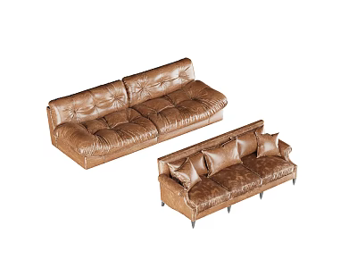 Brown Leather Sofa Set With Tufted Design And Metal Legs 3d model