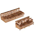 Brown Leather Sofa Set With Tufted Design And Metal Legs