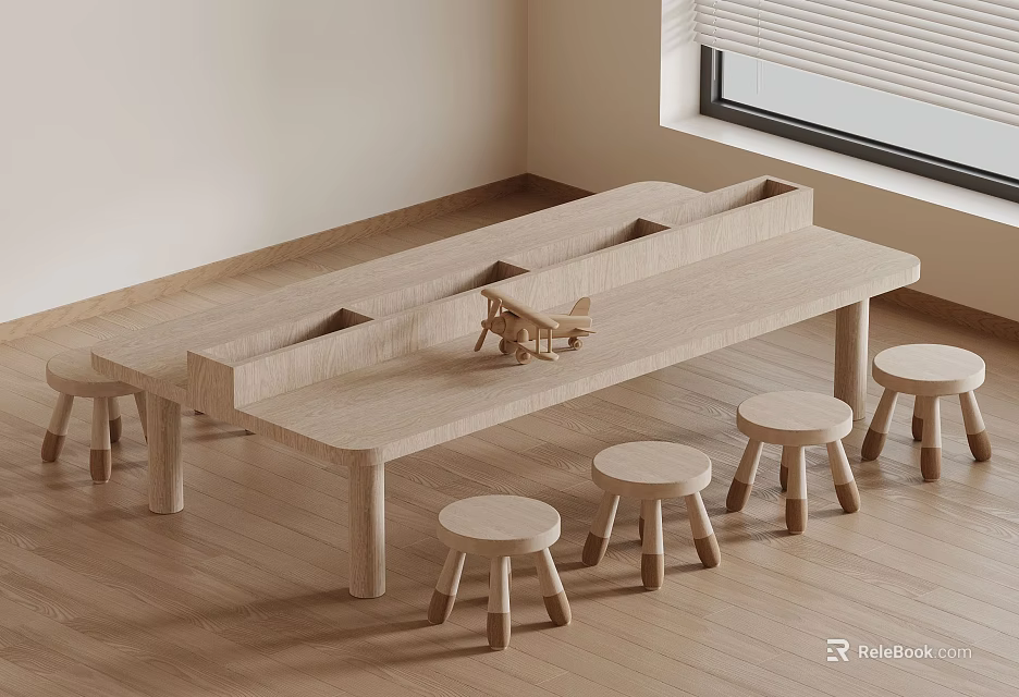 Light Wooden Long Table With Small Stools And Toy Plane In Bright Room With Window 3d model 