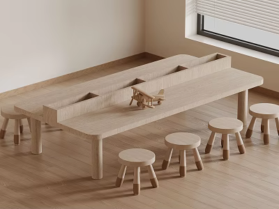 Light Wooden Long Table With Small Stools And Toy Plane In Bright Room With Window 3d model
