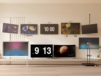 Multiple TVs Displayed In Living Room With Wall Mounts And Stands 3d model