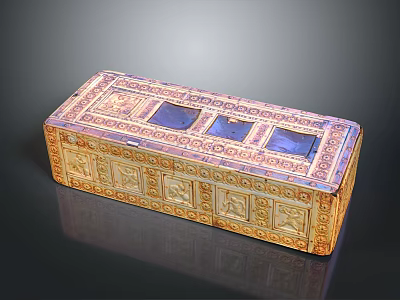 Decorative Rectangular Storage Box With Golden Patterns And Blue Panels For Organizing Small Items 3d model