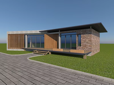 Modern Detached Villa With Stone Wooden Exterior Glass Windows Flat Roof And Lawn Stone Pathway 3d model