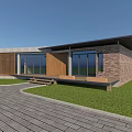 Modern Detached Villa With Stone Wooden Exterior Glass Windows Flat Roof And Lawn Stone Pathway