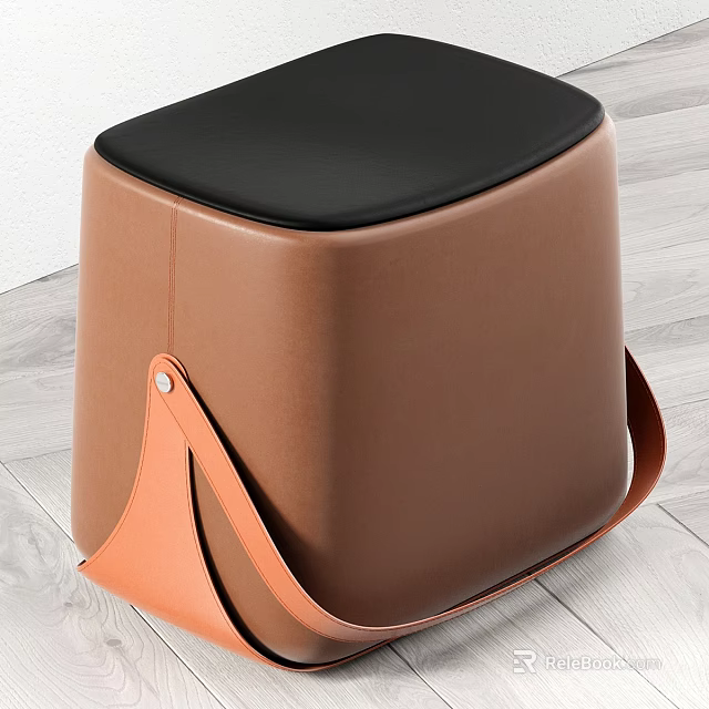 Brown Leather Ottoman With Black Cushion And Orange Leather Straps On Wooden Floor 3d model 