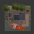 Red Wooden Waterfront House With Pine Trees Boat Dock And Stairs