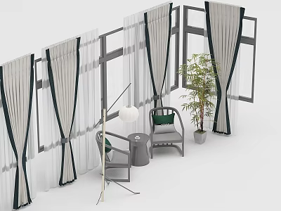 Modern Indoor Table Chair Combination With Window Curtains And Green Plant 3d model