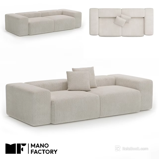 Beige Corduroy Two Seater Sofa With Modern Design And Decorative Pillow 3d model 
