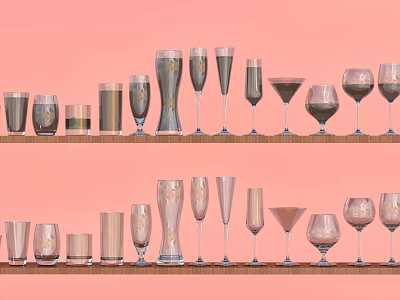 Assorted Ceramic Vessels Arranged on Two Rows of Wooden Shelves Against Pink Background Wall 3d model