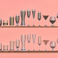 Assorted Ceramic Vessels Arranged on Two Rows of Wooden Shelves Against Pink Background Wall