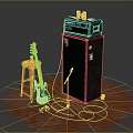 Musical Instruments And Art Supplies Featuring Electric Guitar Black Amplifier Orange Stool On Wooden Floor