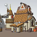 Cartoon Scene of Building with Straw Roof Pointed Spire Red Decorated Windows Crane and Lantern
