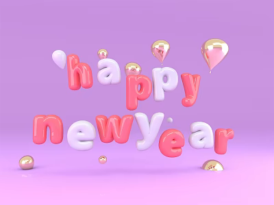 Happy New Year Decorative Ornament Set with 3D Letters Golden Balloons and Pink Background 3d model