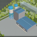 White And Blue Industrial Factory Building With Blue Water Tower Clear Sky And Trees