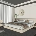 Minimalist Modern Bedroom With Large Bed Nightstand Accent Chair Round Wall Decor And Light Curtains