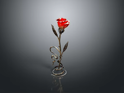 Decorative Metal Furniture Piece With Red Rose Design Curved Stem And Leaves 3d model