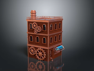 Industrial Style Building Brown Brick Multi Story Structure With Gear Decorations Chimney And Blue Awning 3d model