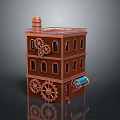 Industrial Style Building Brown Brick Multi Story Structure With Gear Decorations Chimney And Blue Awning