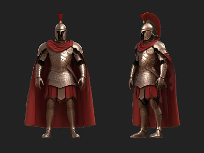 Game Movie Character in Golden Armor Red Cape Ancient Warrior Front Side View 3d model