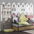Colorful Multi Person Sofa with Soft Cushions Stuffed Toys Castle Wall Decor in Kids Room