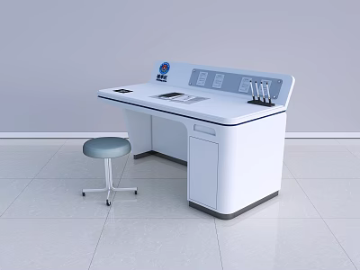 Modern White Office Desk With Control Panel Stationery And Rolling Stool 3d model