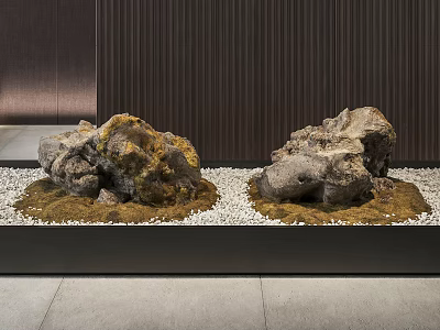 Natural Stone Display With White Pebbles Moss And Dark Wooden Wall 3d model