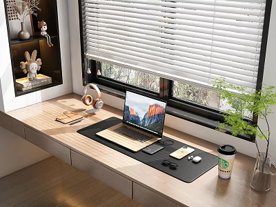 Laptop on Modern Window Desk with Headphones Smartphone Mouse Coffee Cup Green Plant and Blinds 3d model