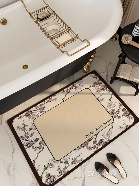 Elegant Bathtub With Floral Mat On Marble Floor 3d model 