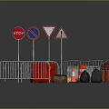 Road Construction Safety Equipment With Stop Signs Warning Signs Metal Barriers And Traffic Cones