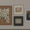 Framed Abstract Paintings Wall Display With Brown Beige Leaf Pattern Geometric Grid And Curved Lines 3d model