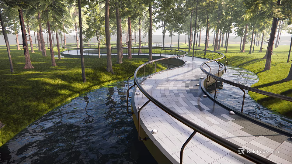 Curved Pedestrian Walkway With Metal Railings Surrounded By Trees And Water 3d model 