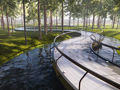 Curved Pedestrian Walkway With Metal Railings Surrounded By Trees And Water 3d model