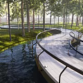 Curved Pedestrian Walkway With Metal Railings Surrounded By Trees And Water