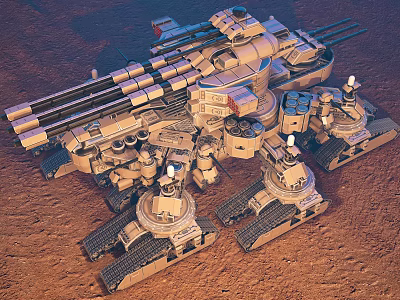 3D Rendered Military Tank with Multiple Turrets Cannons in Desert Terrain and Armored Structure Design 3d model