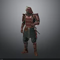 Man Wearing Traditional Red Samurai Armor With Helmet And Green Pants