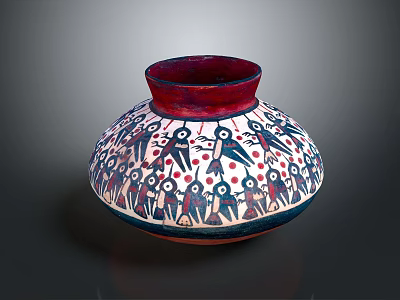 Decorative Vase With Red Rim White Body Human Figures Birds And Red Dots 3d model
