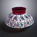 Decorative Vase With Red Rim White Body Human Figures Birds And Red Dots