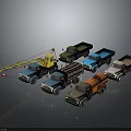 Various Types of Colored Construction Trucks Including Crane Dump And Tanker Models