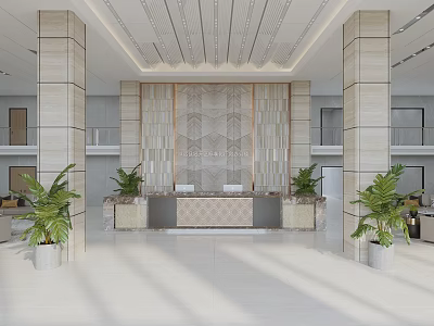 Elegant Modern Reception Desk Area With Marble Columns Decorative Backdrop Wall Green Plants And Bright Lighting 3d model