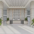 Elegant Modern Reception Desk Area With Marble Columns Decorative Backdrop Wall Green Plants And Bright Lighting