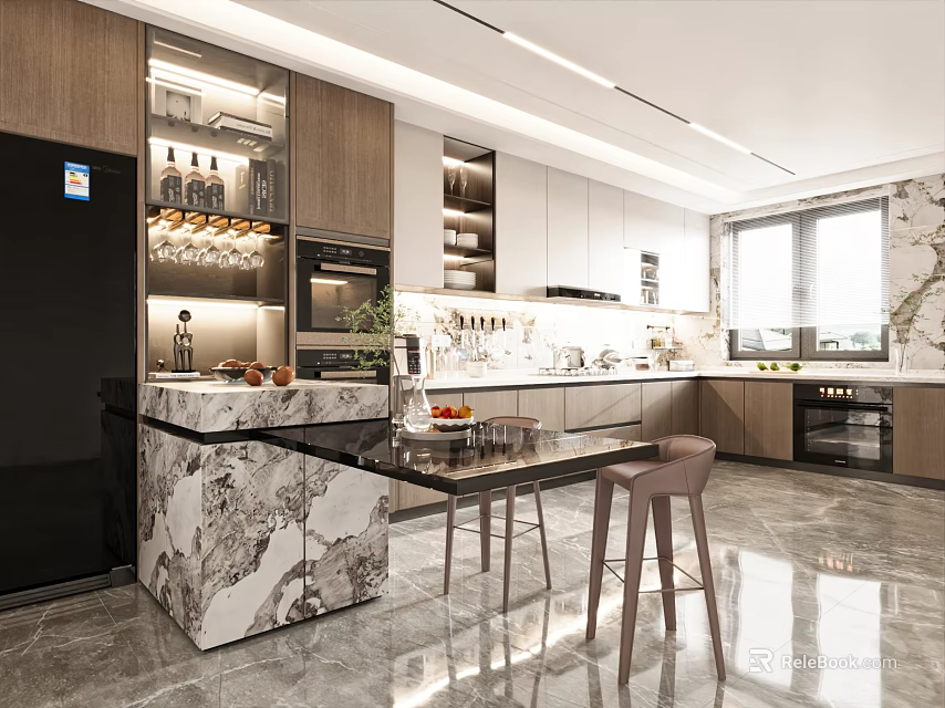 Modern Kitchen Interior With Marble Island Dark Cabinets Bar Stools And Appliances 3d model 