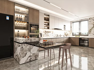 Modern Kitchen Interior With Marble Island Dark Cabinets Bar Stools And Appliances 3d model