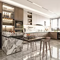 Modern Kitchen Interior With Marble Island Dark Cabinets Bar Stools And Appliances
