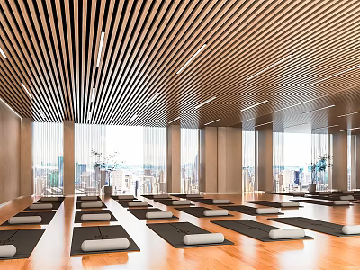Spacious Yoga Studio With Wooden Floor Aligned Yoga Mats And City View For Fitness 3d model