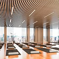 Spacious Yoga Studio With Wooden Floor Aligned Yoga Mats And City View For Fitness