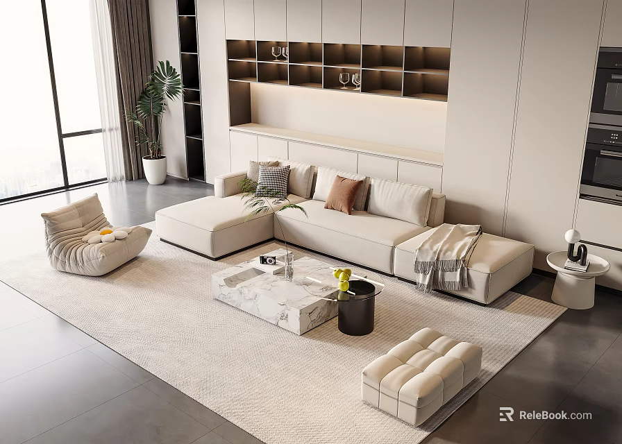 Modern Minimalist Beige Sofa Coffee Table Set With Marble Top Multiple Cushions And Area Rug 3d model 
